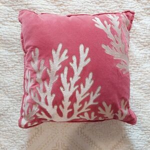 Pink Pillow With Embroidered Coral With Silver Trim Size 13 X 13